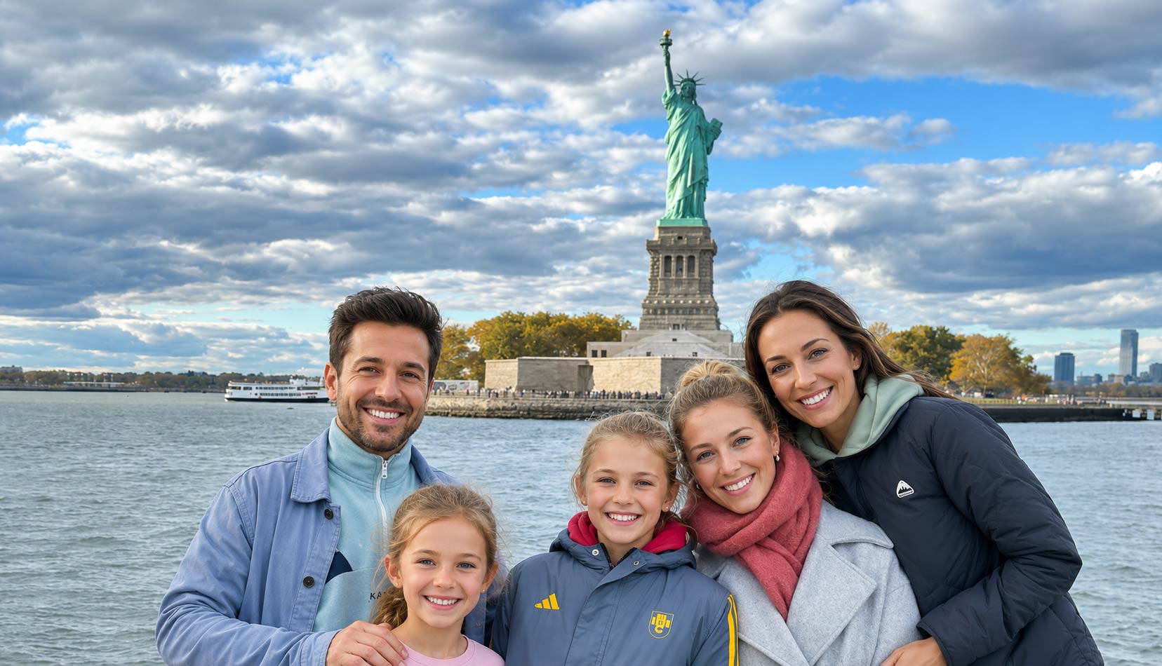 Father and family enjoying a NYC Statue of Liberty sightseeing cruise