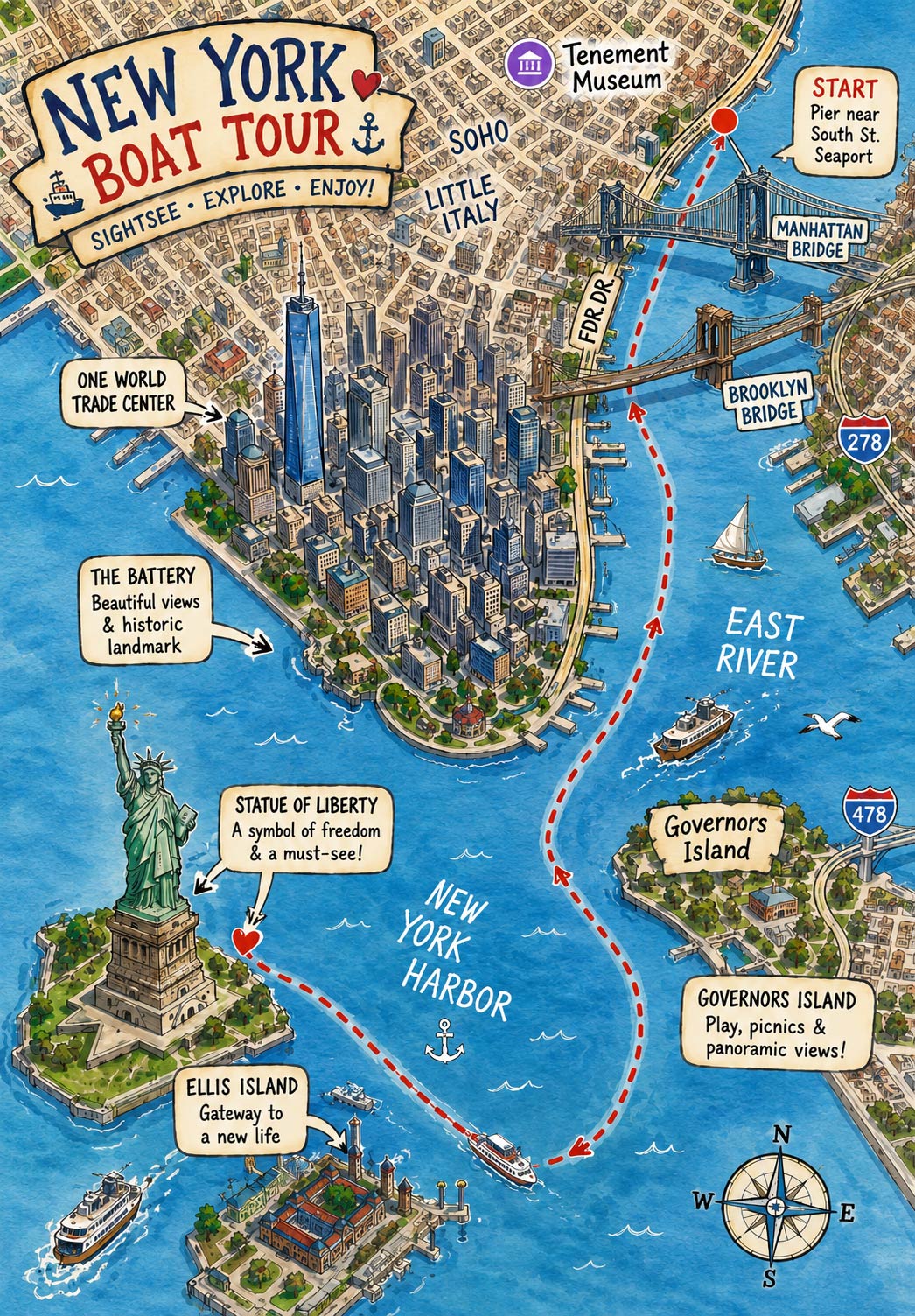 Brooklyn Skyline Cruises route map from Pier 36 to the Statue of Liberty